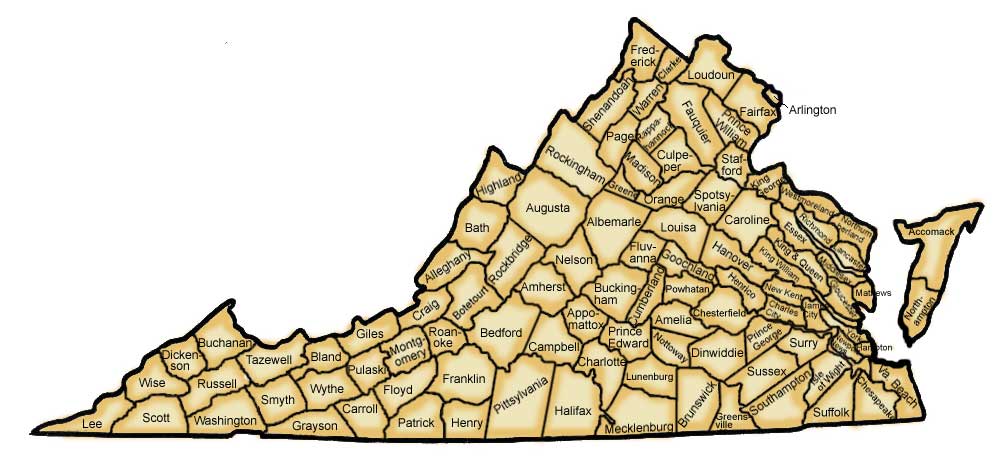 Image of a Map of Virginia, including counties